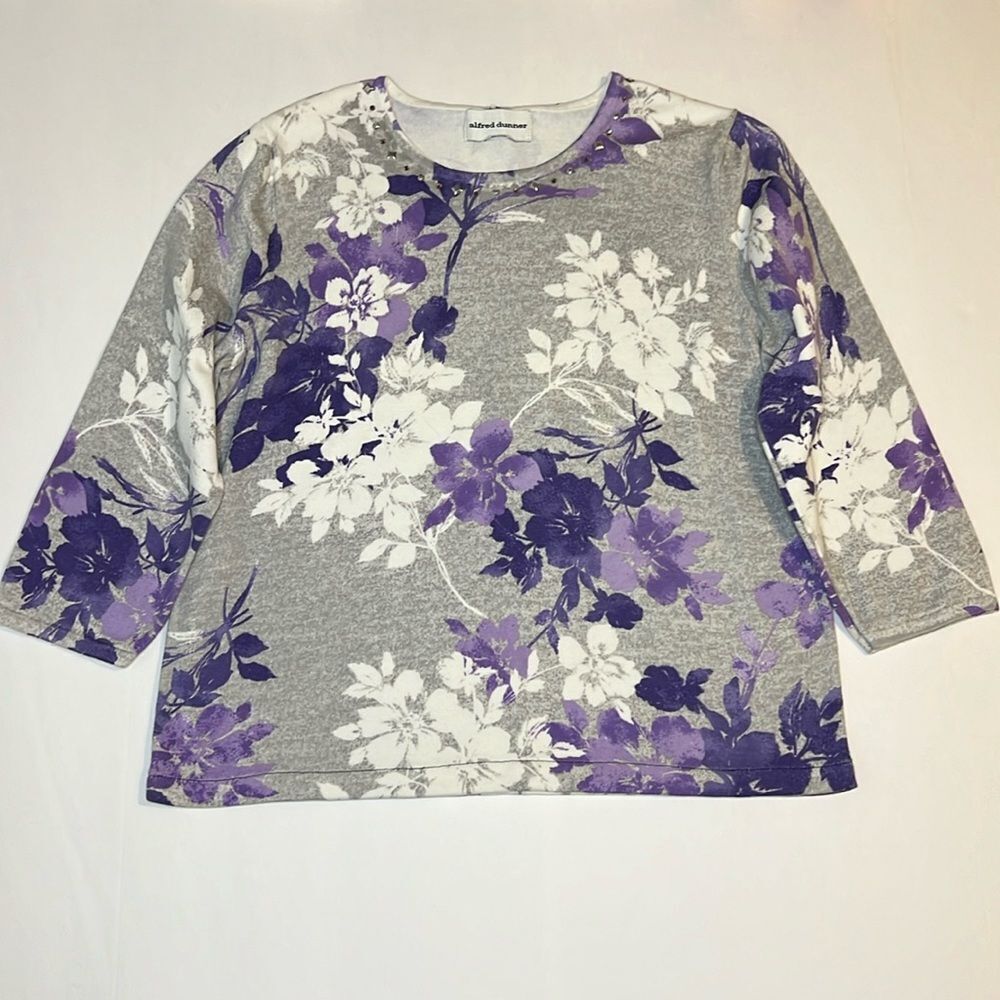 Alfred Dunner Women’s Grey Purple Floral 3/4 Sleeve Blouse Size Medium